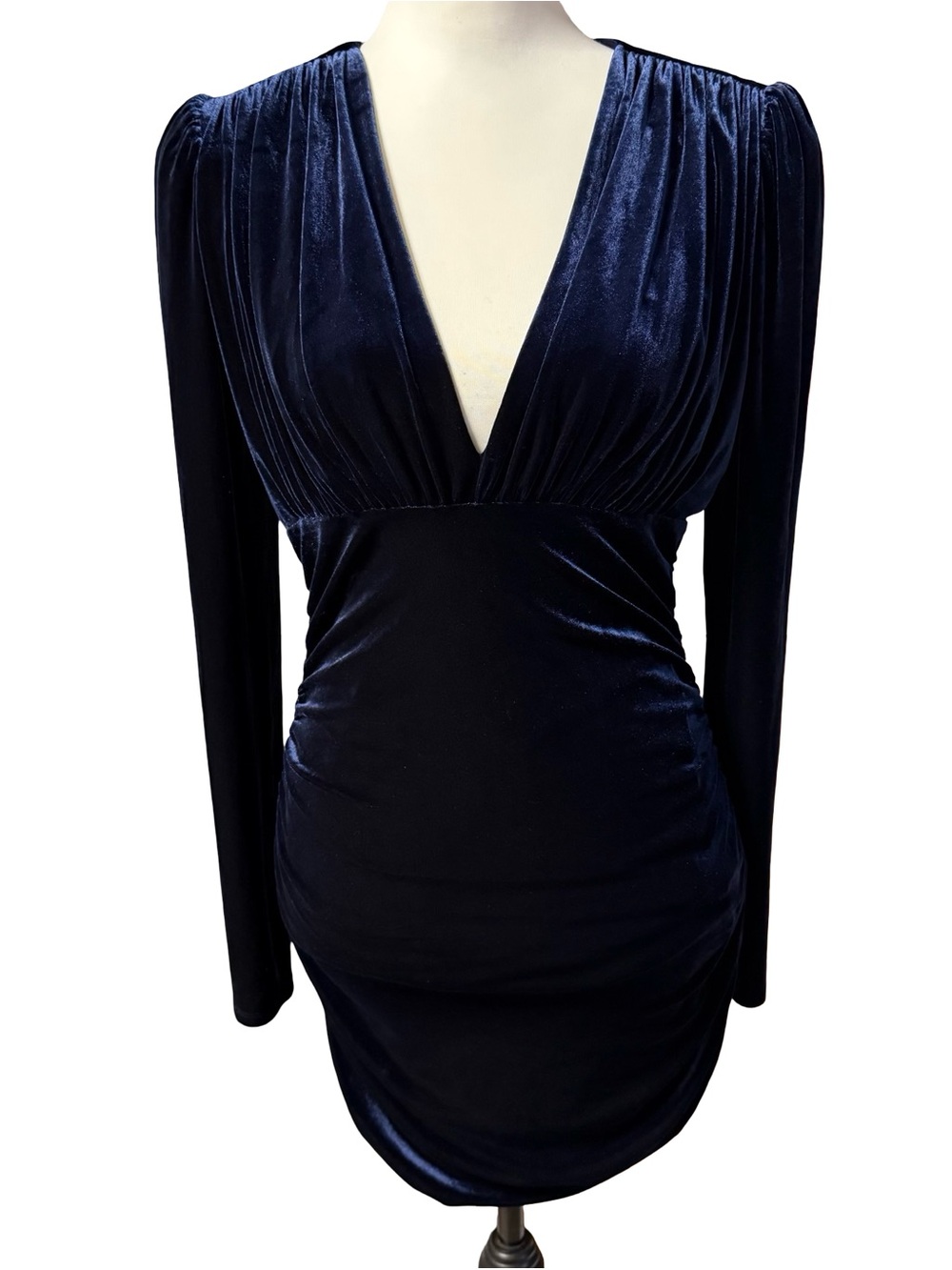 BCBGMAXAZRIA Navy Blue Velvet Ruched Plunge V-Neck Cocktail Mini Dress Medium